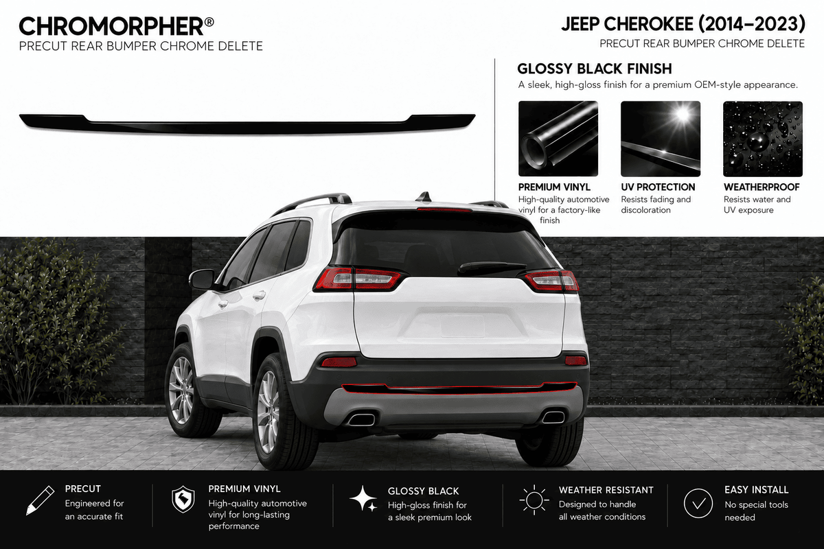 A rear bumper chrome delete lip spoiler accessory for Jeep Cherokee (2014-2023), shown as a black precut strip at the top with product features and benefits text, alongside a white SUV rear view on a dark outdoor wall background.