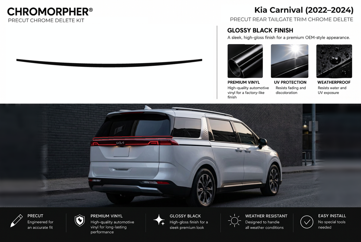 ChroMorpher Kia Carnival rear tailgate trim precut chrome delete kit (2022–2024) showing the precut vinyl piece and the trim area outlined in red.