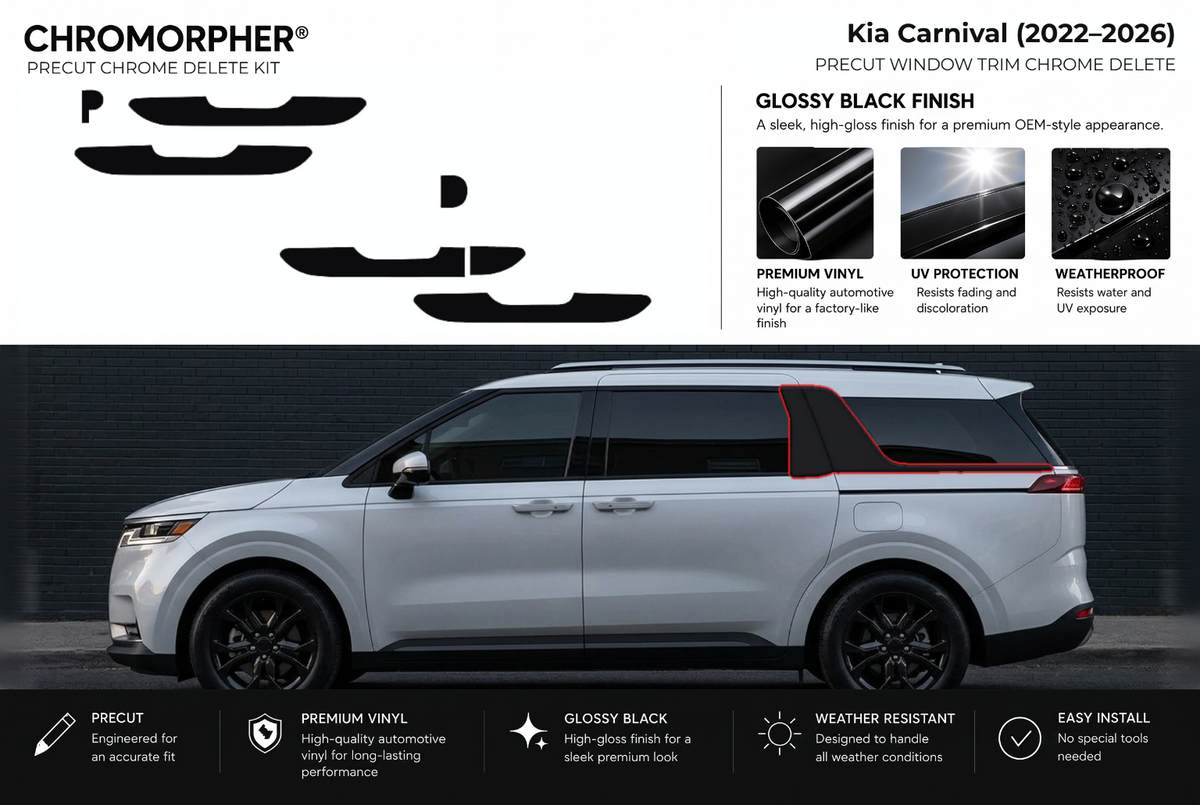 ChroMorpher Kia Carnival window trim precut chrome delete kit (2022–2026) showing the precut vinyl pieces and the trim area outlined in red.