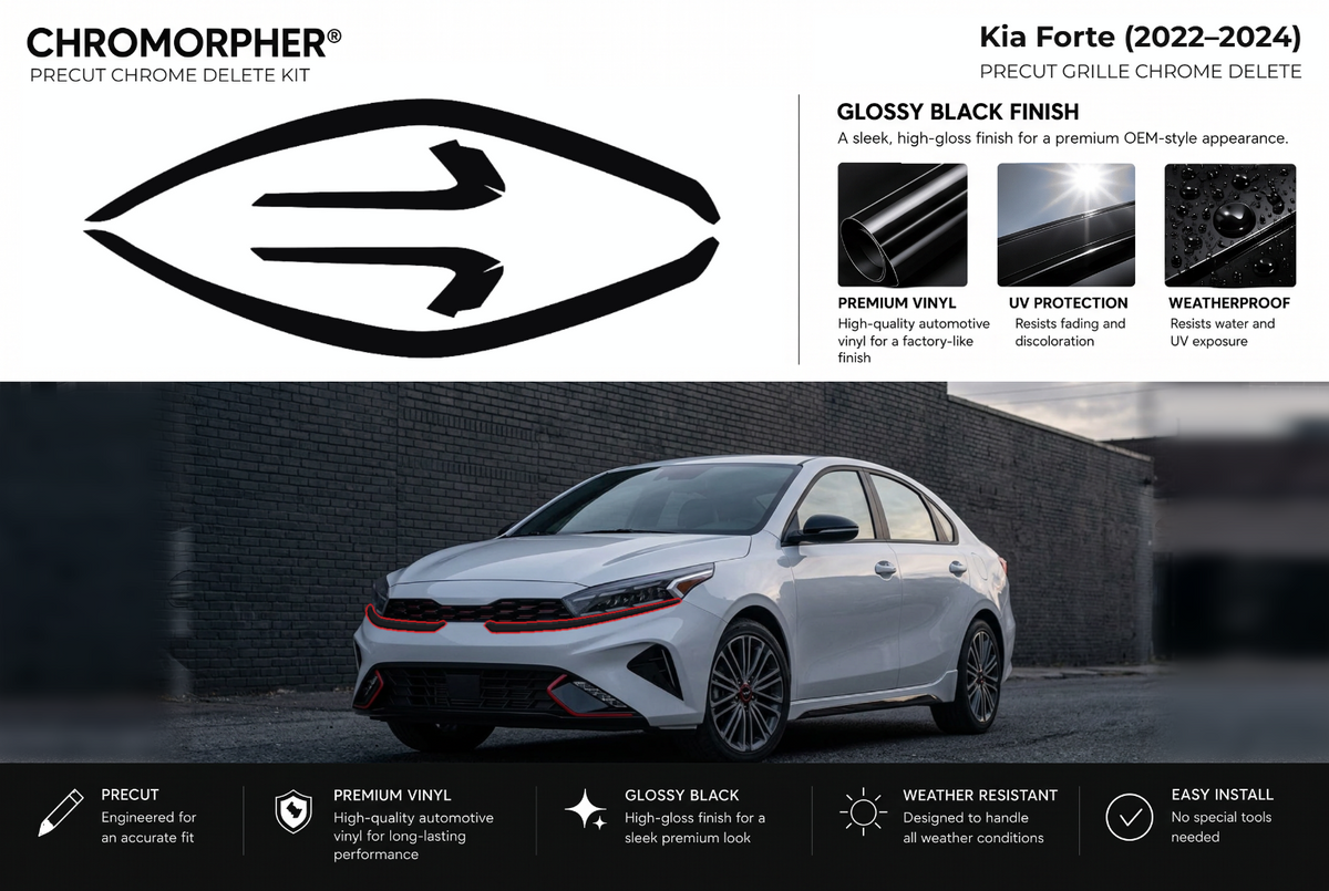 ChroMorpher Kia Forte grille precut chrome delete kit (2022–2024) showing the precut vinyl pieces and the trim area outlined in red.