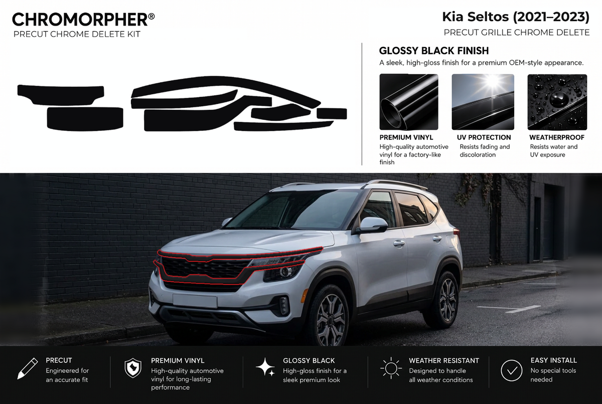 ChroMorpher Kia Seltos grille precut chrome delete kit (2021–2023) showing the precut vinyl pieces and the trim area outlined in red.