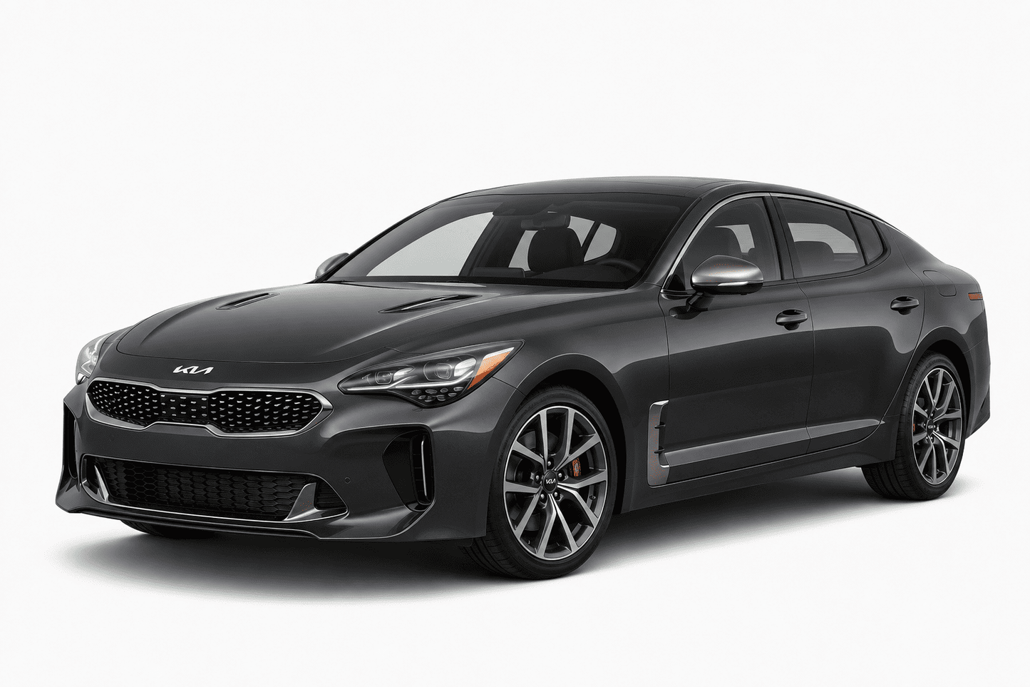 A dark gray Kia Stinger sedan shown from a three-quarter front angle on a clean, light gray studio background.