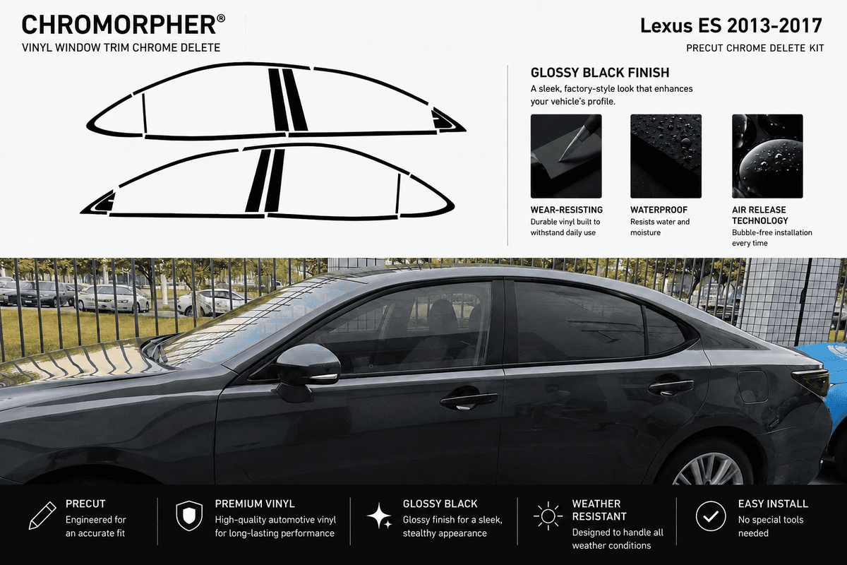 Chromorpher Lexus ES 2013-2017 vinyl window trim chrome delete kit in glossy black finish, shown with front graphics of the trim pieces and a black sedan on a street background.