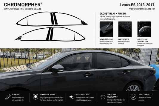 Chromorpher Lexus ES 2013-2017 vinyl window trim chrome delete kit in glossy black finish, shown with front graphics of the trim pieces and a black sedan on a street background.