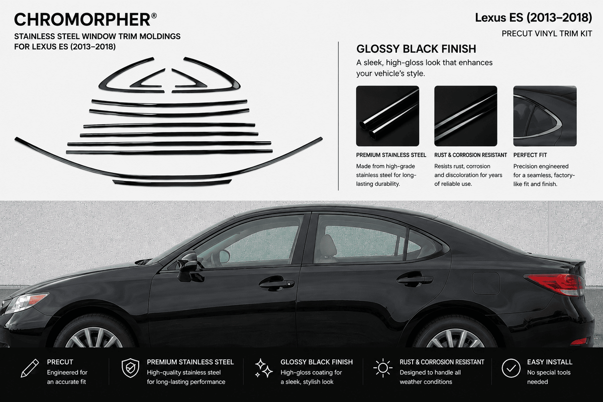 Chromorphor Lexus ES window trim molding kit for Lexus ES 2013-2018, featuring a gloss black precut vinyl trim kit. The image shows the black car body with the trim molding graphic on the left and product features on a light gray background.