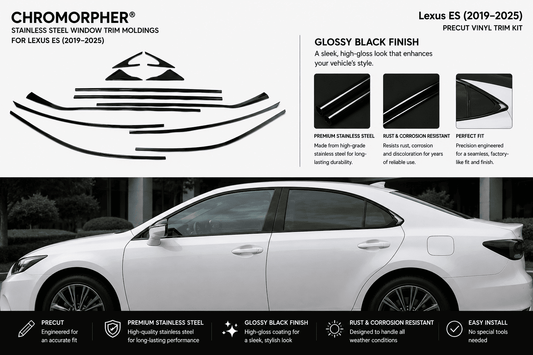 Lexus ES 2019-2025 Chromorpher precut vinyl trim kit for glossy black finish stainless steel window trim. The image features a white Lexus ES sedan with installed black window trim, alongside technical specifications, product diagrams, and feature callouts.
