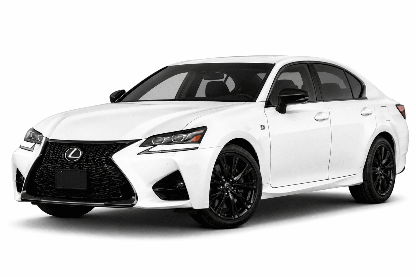 A white Lexus sedan with black wheels and a black front grille, photographed on a clean white studio background.