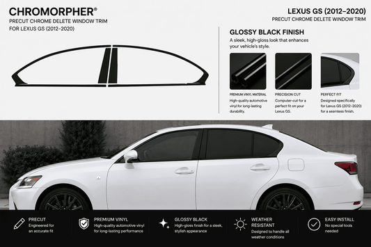 Chromorphor Lexus GS (2012-2020) chrome delete window trim kit shown with a white sedan and black window trim pieces, featuring product diagrams, finish options, and feature callouts.