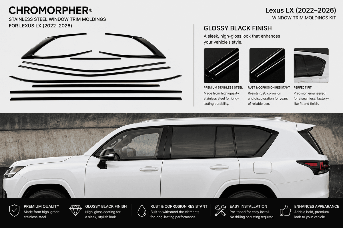 Chromorpher Lexus LX 2022-2026 window trim molding kit graphic showing black vinyl decal pieces above a white SUV side profile, with text describing glossy black finish and rust-resistant stainless steel trim.