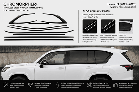 Chromorpher Lexus LX 2022-2026 window trim molding kit graphic showing black vinyl decal pieces above a white SUV side profile, with text describing glossy black finish and rust-resistant stainless steel trim.