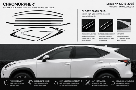 Promotional graphic for a Chromorphor Lexus NX (2015-2021) window trim molding kit. The top half features the Chromorphor brand name, product title, gloss black finish description, and a stylized illustration of the black molded trim pieces.