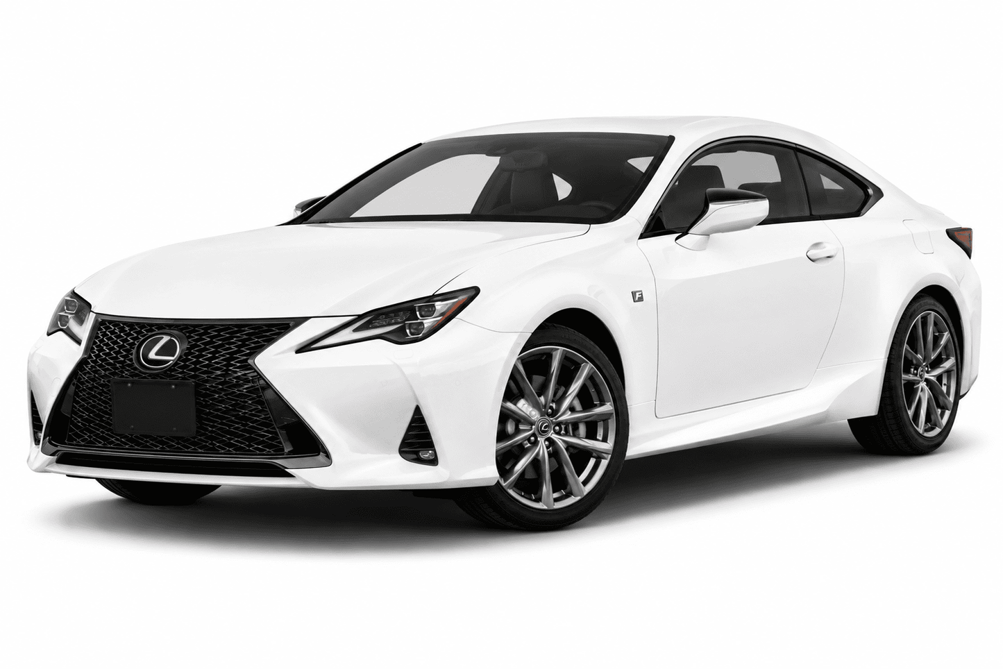 A white Lexus RC F coupe with a black grille and multi-spoke alloy wheels, photographed from a three-quarter front angle on a clean white background.