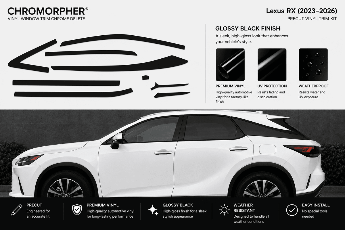 Chromorpher Lexus RX (2023-2026) Precut Vinyl Trim Kit in glossy black finish. The image features a white Lexus RX sedan on a dark gray background, with black vinyl trim pieces displayed on the top left and feature callouts on the right.