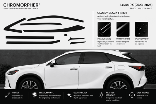 Chromorpher Lexus RX (2023-2026) Precut Vinyl Trim Kit in glossy black finish. The image features a white Lexus RX sedan on a dark gray background, with black vinyl trim pieces displayed on the top left and feature callouts on the right.