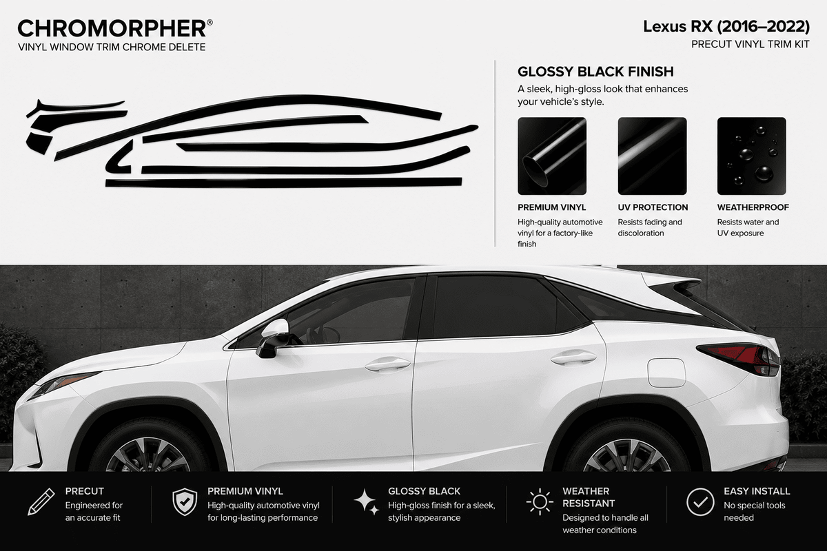 Chromorpher Lexus RX vinyl trim chrome delete kit graphic showing a white Lexus RX side profile with black trim graphics and feature callouts for glossy black finish, premium vinyl, UV protection, and weatherproof design.
