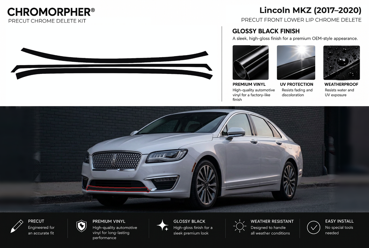 ChroMorpher Lincoln MKZ front lower lip precut chrome delete kit (2017–2020) showing the precut vinyl pieces and the trim area outlined in red.