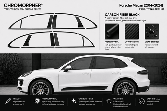 Chromorpher Porsche Macan carbon fiber trim kit decal graphics shown on a white Porsche Macan, with product features and material benefits displayed in a black-and-white promotional layout.