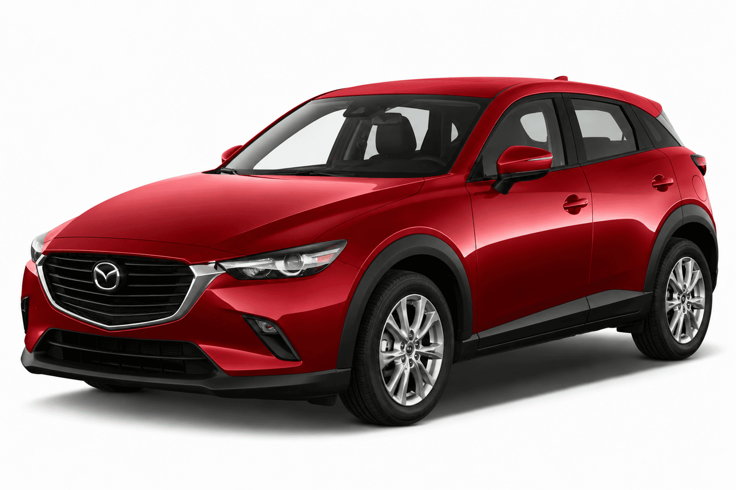 A red Mazda CX-3 compact SUV shown from a three-quarter front angle on a clean white background.