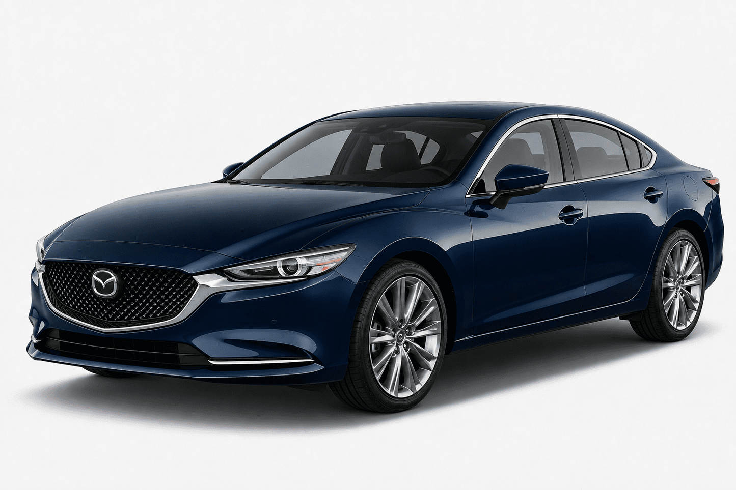 A dark blue Mazda sedan photographed at a three-quarter front angle on a clean light gray studio background.