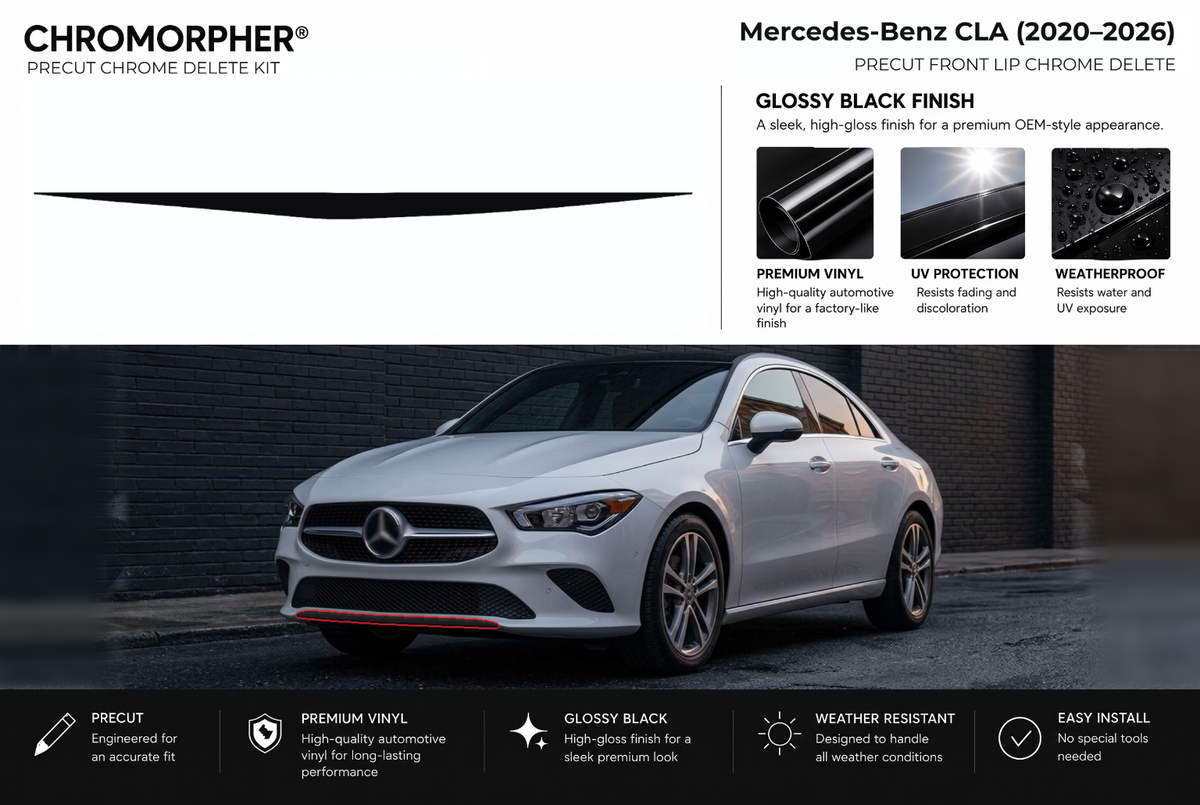 ChroMorpher Mercedes-Benz CLA front lip precut chrome delete kit (2020–2026) showing the precut vinyl pieces and the trim area outlined in red.