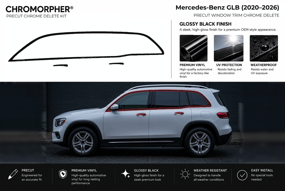 ChroMorpher Mercedes-Benz GLB window trim precut chrome delete kit (2020–2026) showing the precut vinyl pieces and the trim area outlined in red.