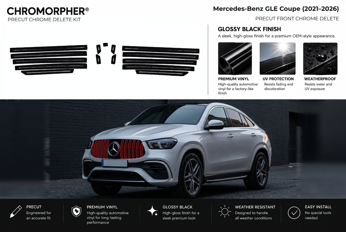 ChroMorpher Mercedes-Benz GLE Coupe front precut chrome delete kit (2021–2026) showing the precut vinyl pieces and the trim area outlined in red.