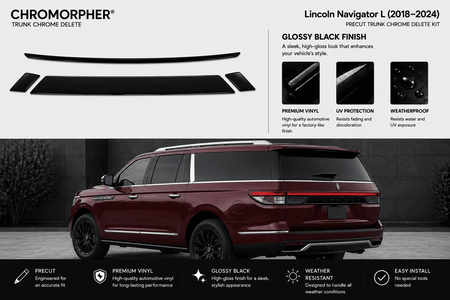 Chromorphor Lincoln Navigator L trunk chrome delete kit shown as a black trim piece above a dark red SUV on a dark gray background, with feature callouts including glossy black finish, premium vinyl, UV protection, and weatherproof.
