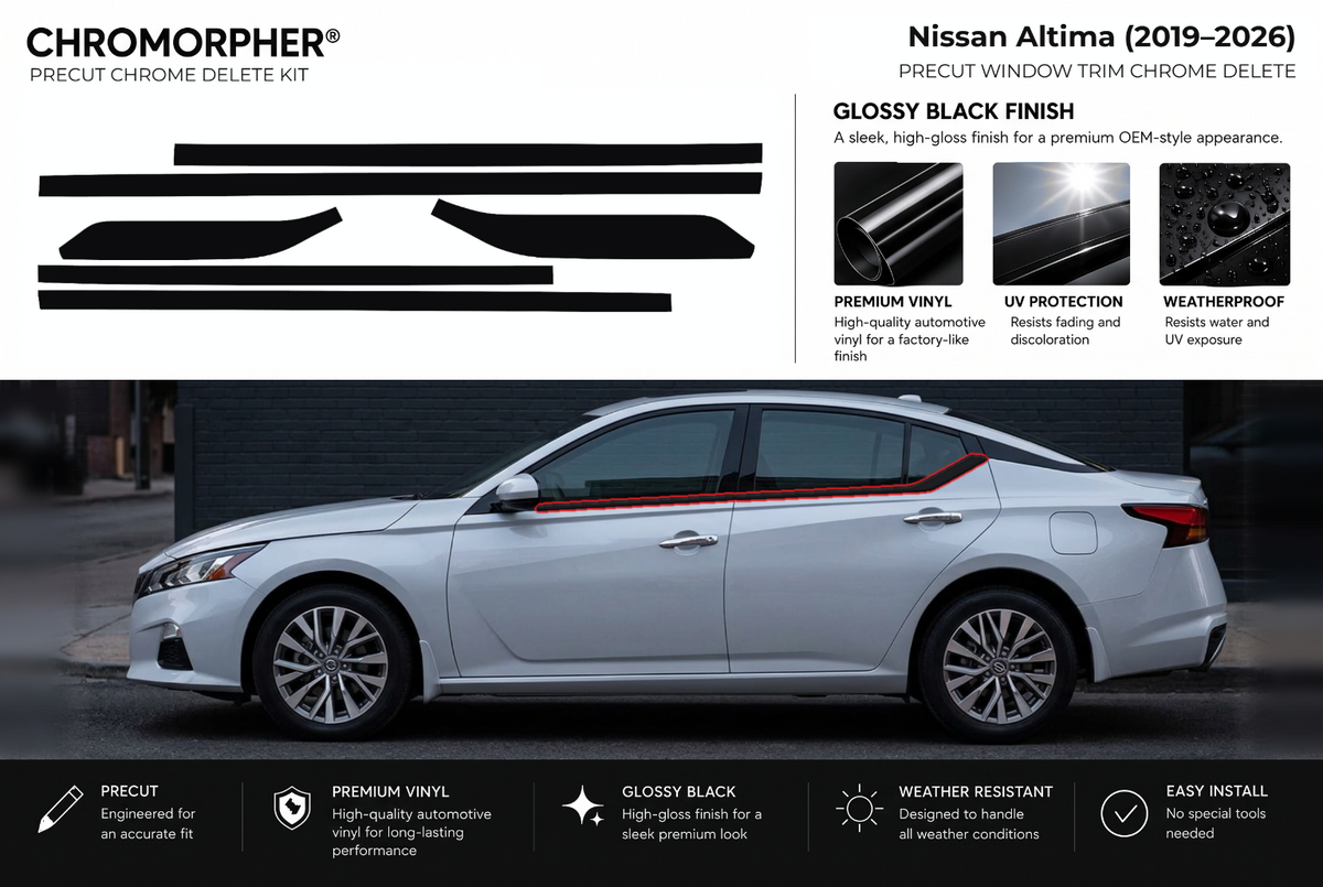 ChroMorpher Nissan Altima window trim precut chrome delete kit (2019–2026) showing the precut vinyl pieces and the trim area outlined in red.