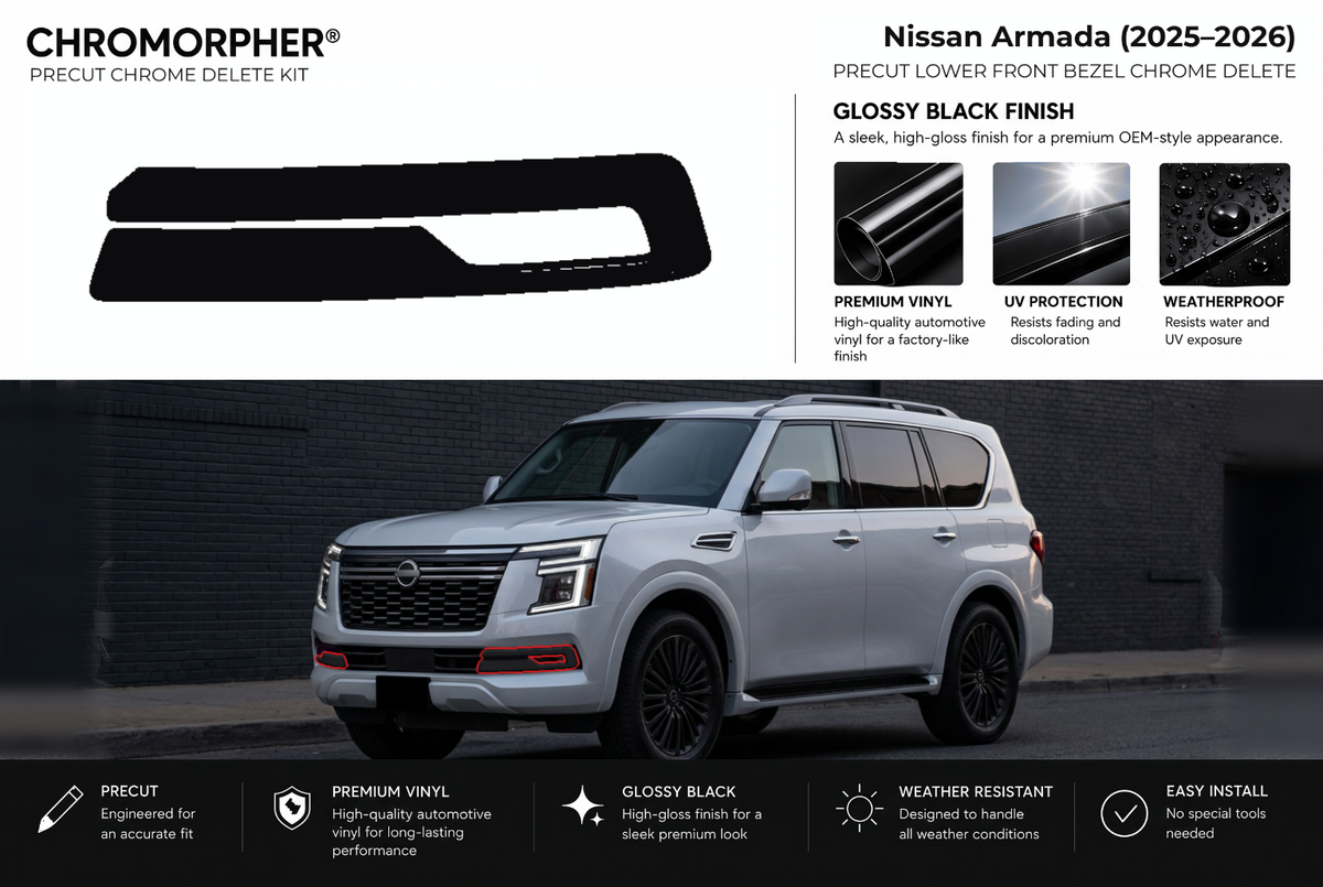 ChroMorpher Nissan Armada lower front bezels precut chrome delete kit (2025–2026) showing the precut vinyl pieces and the trim area outlined in red.