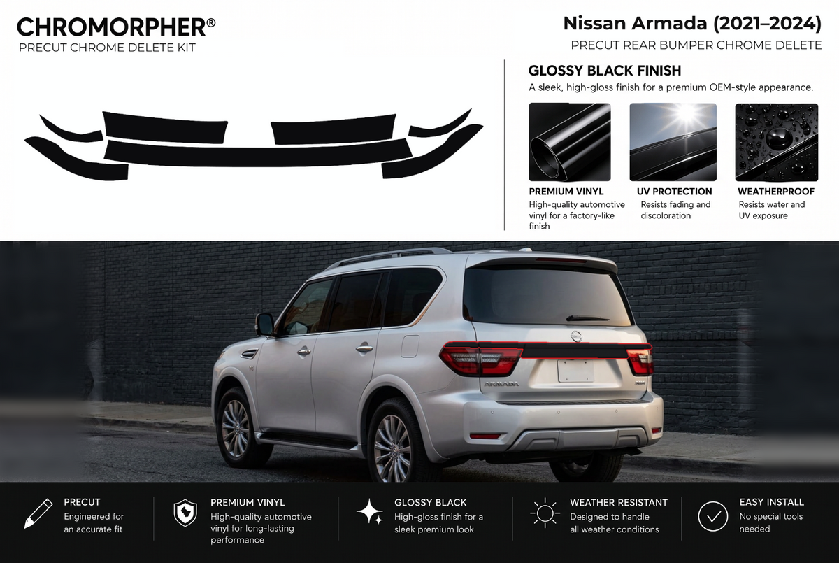 ChroMorpher Nissan Armada rear bumper precut chrome delete kit (2021–2024) showing the precut vinyl pieces and the trim area outlined in red.