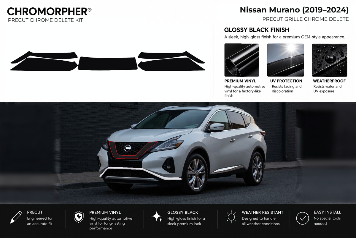 ChroMorpher Nissan Murano grille precut chrome delete kit (2019–2024) showing the precut vinyl pieces and the trim area outlined in red.