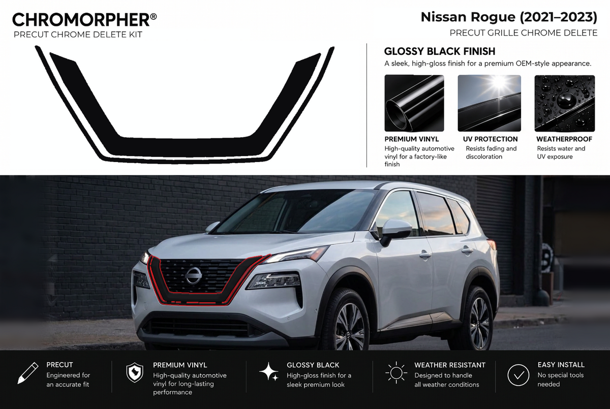 ChroMorpher Nissan Rogue grille precut chrome delete kit (2021–2023) showing the precut vinyl pieces and the trim area outlined in red.