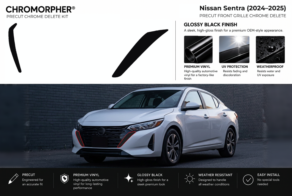 ChroMorpher Nissan Sentra front grille precut chrome delete kit (2024–2025) showing the precut vinyl pieces and the trim area outlined in red.