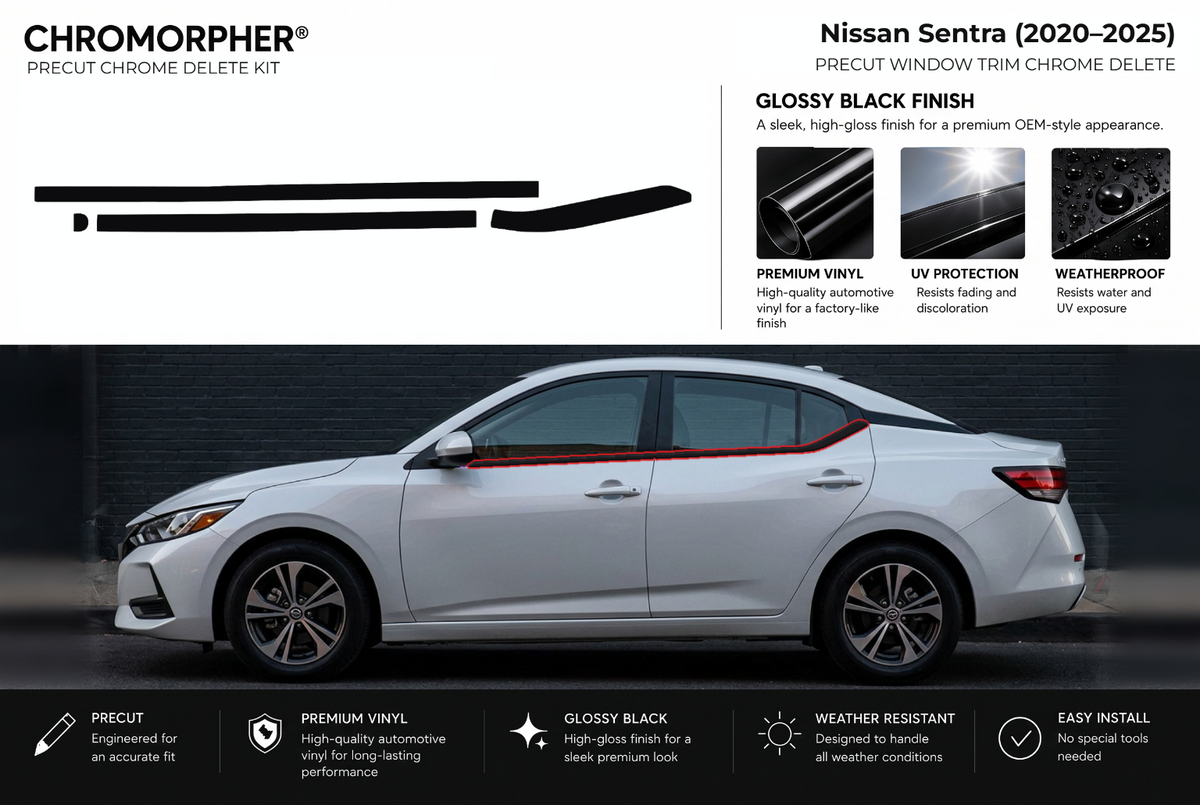 ChroMorpher Nissan Sentra window trim precut chrome delete kit (2020–2025) showing the precut vinyl pieces and the trim area outlined in red.