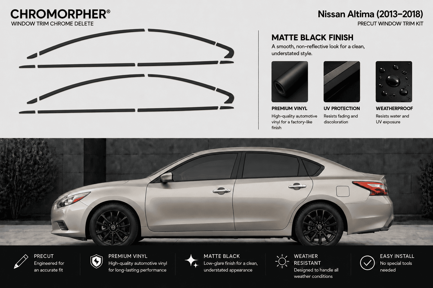 Nissan Altima 2013-2018 Chromorpher Window Trim Chameleon Delete kit in matte black finish, shown with the black trim pieces at the top and a silver sedan at the bottom illustrating the application.
