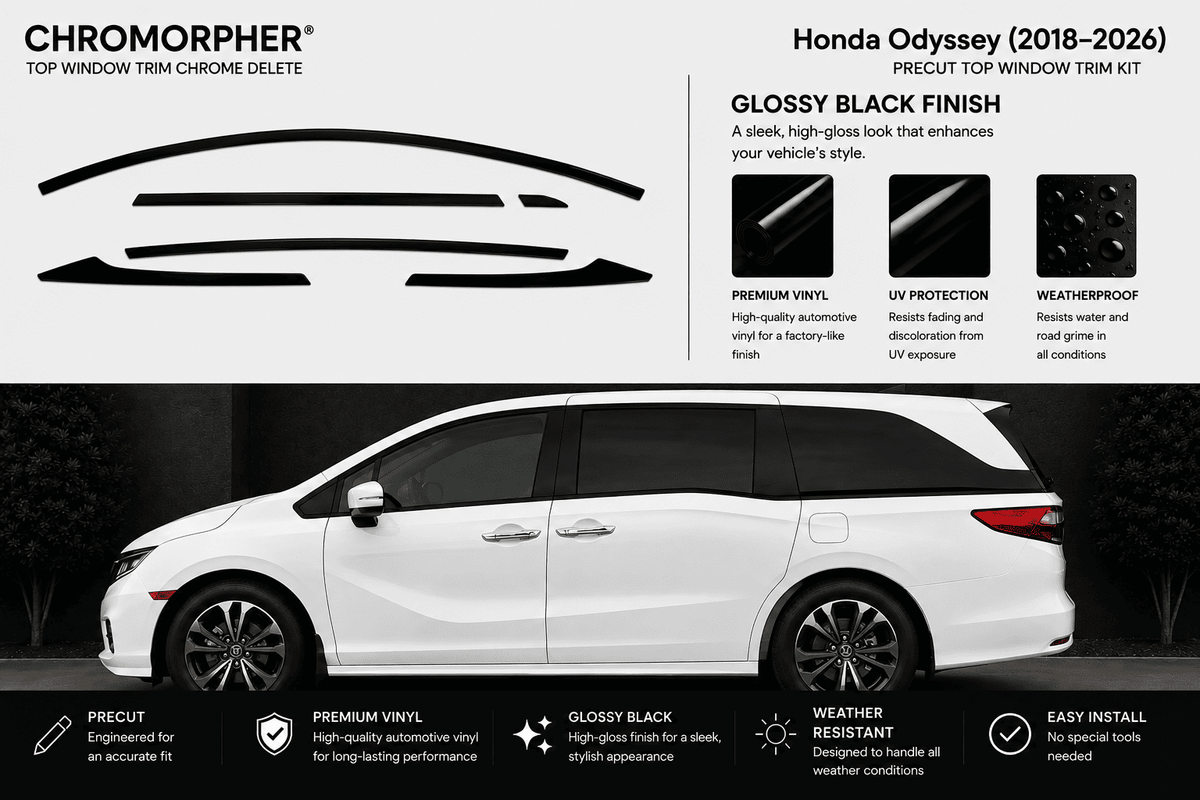 Chrome Morpher Honda Odyssey top window trim kit in glossy black finish. The image features a white Honda Odyssey minivan on a dark background with black window trim samples shown at the top, along with feature callouts and installation icons.