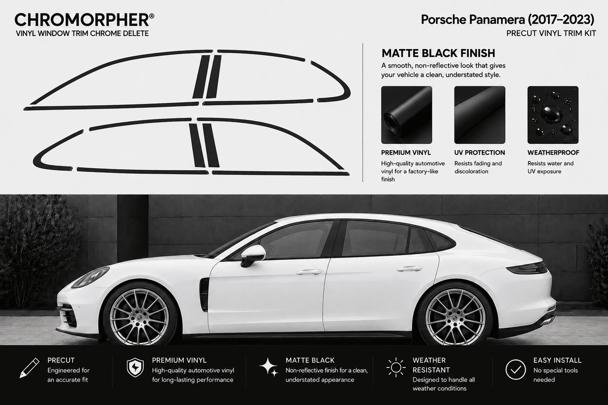 Porsche Panamera (2017-2023) Chromorpher vinyl window trim chrome delete decal kit in matte black finish. The image features the black decal pieces at the top, product features and specifications on the right, and a white Porsche Panamera car at the bottom illustrating the fitment.