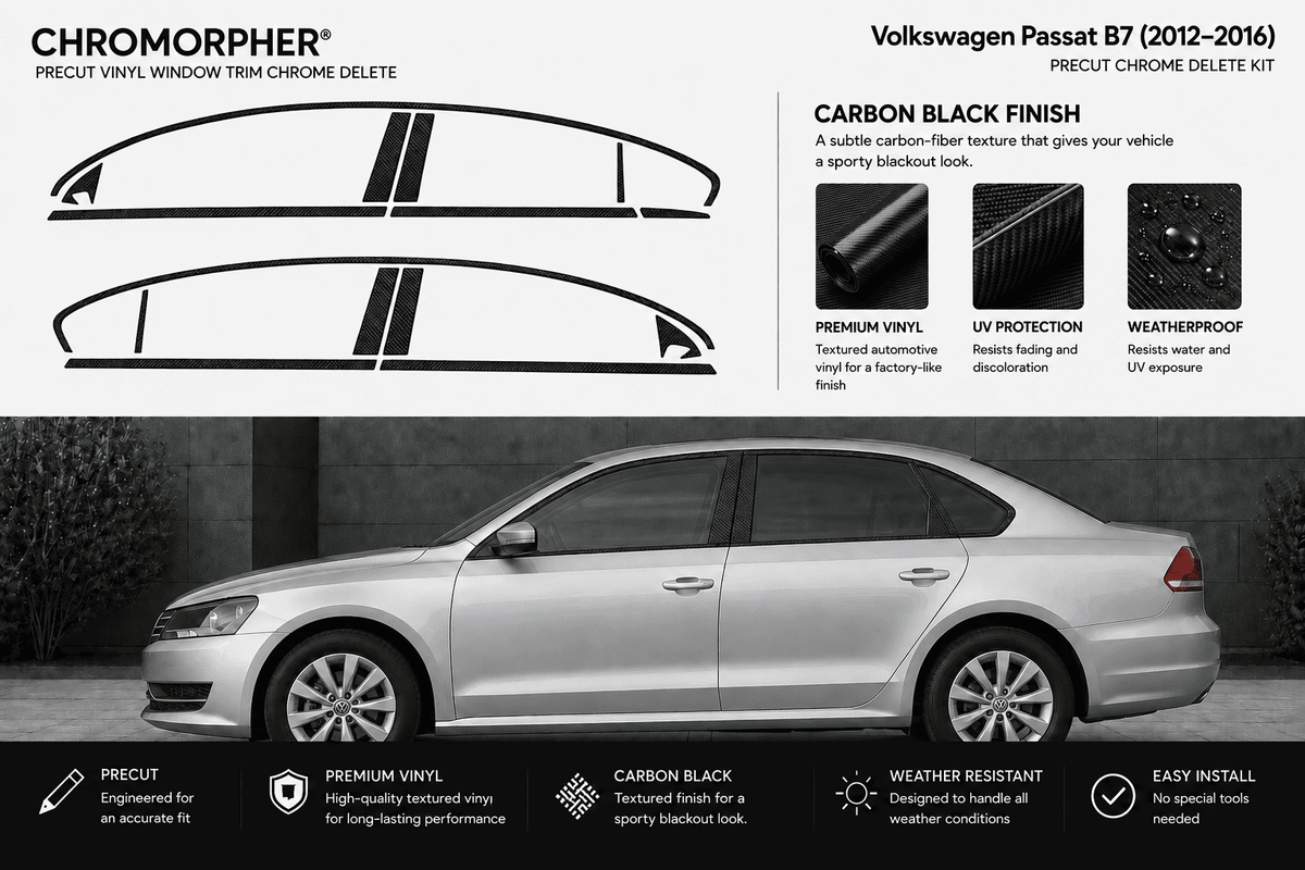 Chromoraphor precut vinyl window trim chrome delete kit for Volkswagen Passat B7 (2012-2016) in a carbon black finish. The graphic shows the product pieces at the top, feature icons and text, and a silver Volkswagen Passat sedan at the bottom illustrating the fitment.