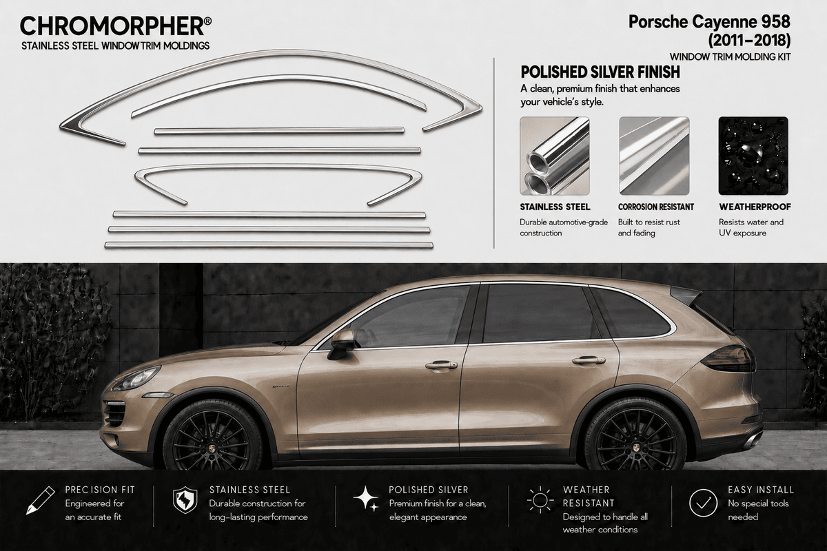 Chromorpher stainless steel window trim kit for Porsche Cayenne 958 (2011-2018), featuring a set of chrome-finished metal trim pieces shown on a white background above a side view of a metallic taupe Porsche Cayenne in a dark setting.