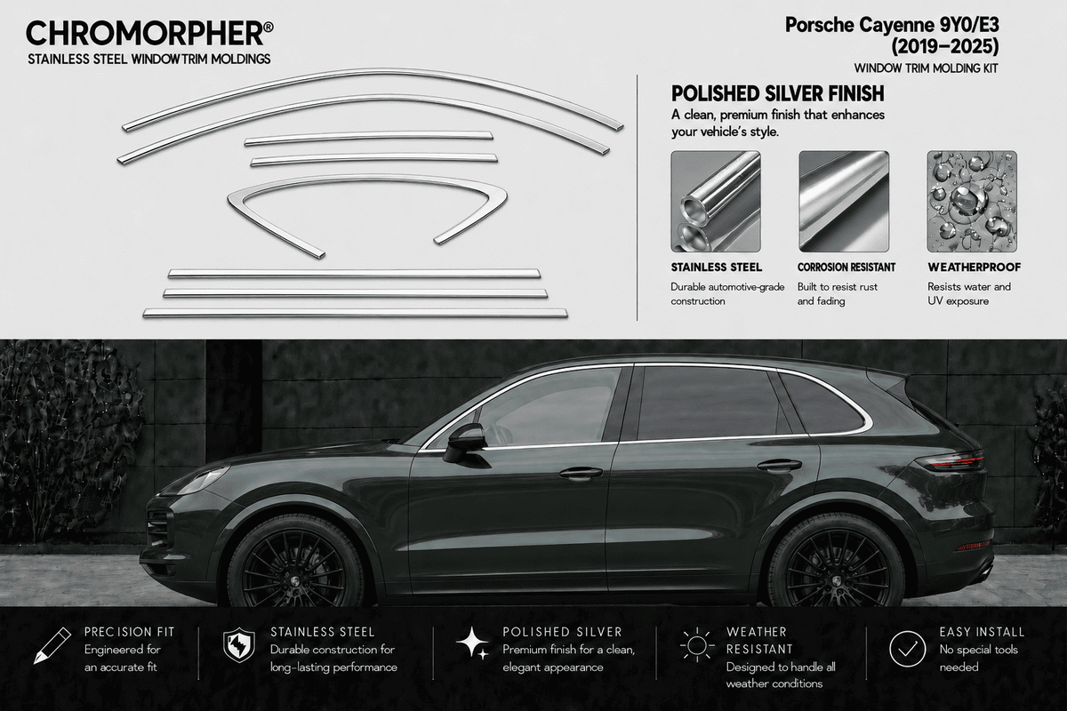 Chromorphor Porsche Cayenne 9Y/E3 window trim holding kit parts diagram and product features, with a dark gray Porsche Cayenne SUV shown in a black-and-white photo below to demonstrate fitment.