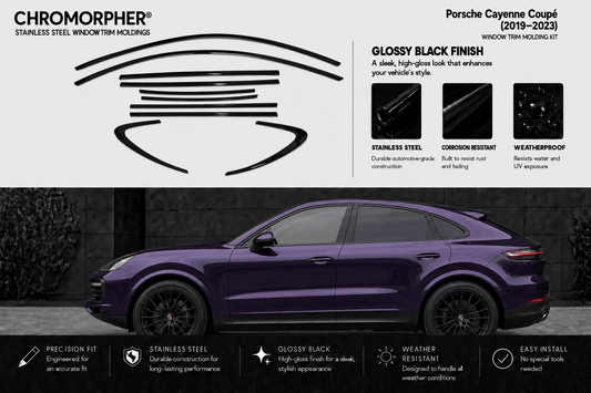 Porsche Cayenne Coupé window trim kit by Chromorpher in glossy black finish, shown on a dark gray background with product features, branding, and installation benefits.