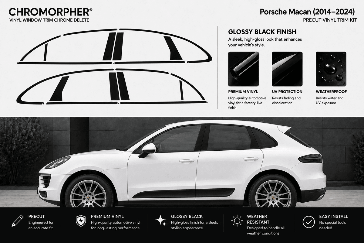 Chromorpher Porsche Macan vinyl window trim chrome delete kit shown with black trim outline graphics, feature callouts for glossy black finish, UV protection, and weatherproofing, plus a white Porsche Macan side view on a dark background.