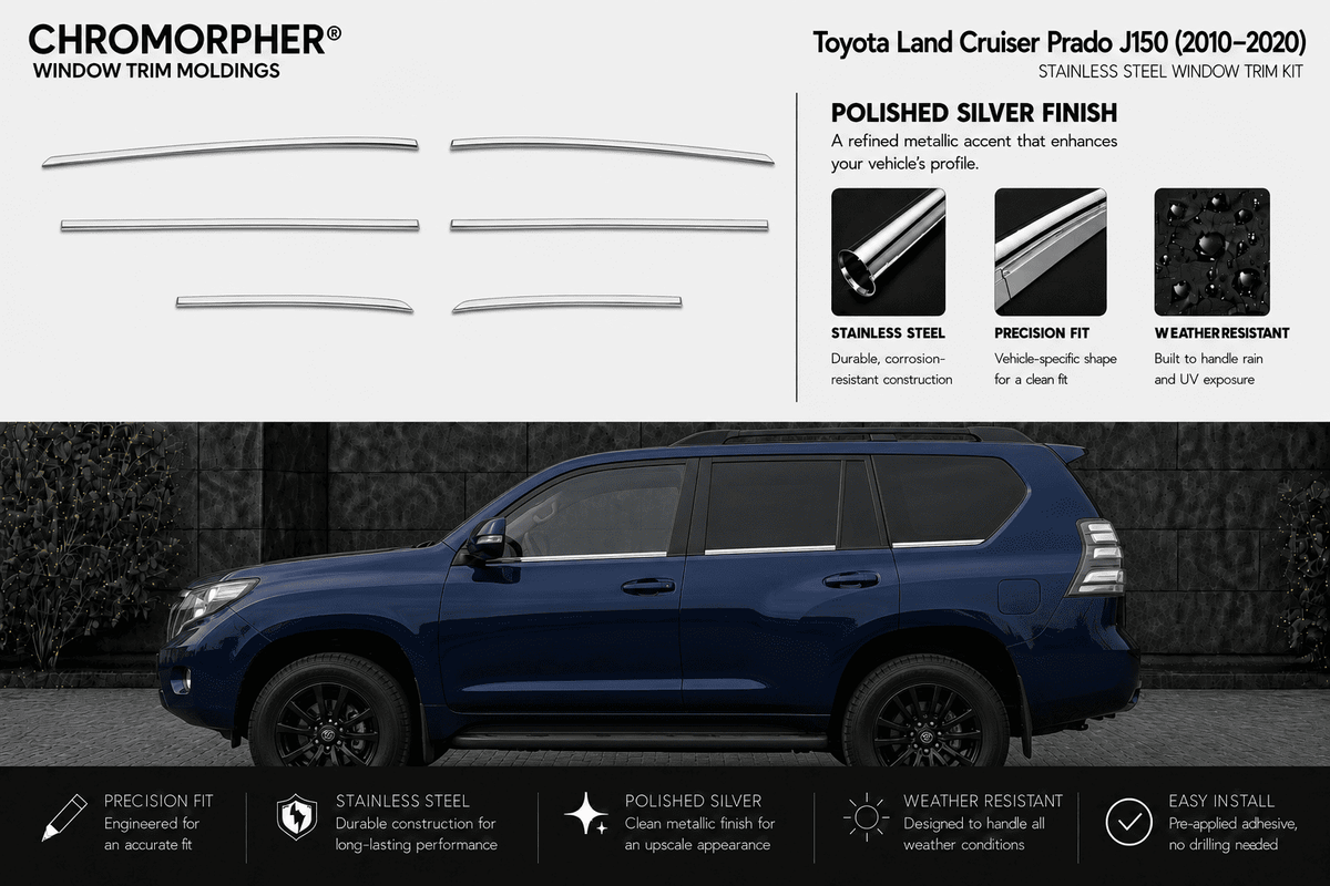 Chromorpher window trim molds kit for Toyota Land Cruiser Prado J50 (2010-2020) in polished silver finish. The image shows the trim pieces on the top left, product features on the top right, and a dark blue SUV on the bottom to demonstrate fitment.