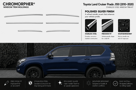 Chromorpher window trim molds kit for Toyota Land Cruiser Prado J50 (2010-2020) in polished silver finish. The image shows the trim pieces on the top left, product features on the top right, and a dark blue SUV on the bottom to demonstrate fitment.