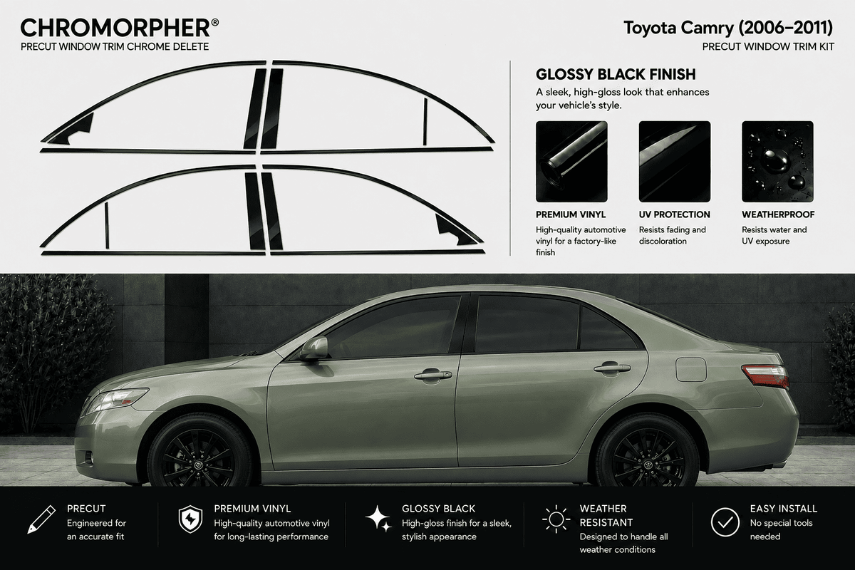 Chromorpher Precut Window Trim Chrome Delete kit for a Toyota Camry (2006-2011) in glossy black finish. The image features a side profile of a silver Toyota Camry with the black trim pieces outlined at the top, along with product specifications and feature highlights.