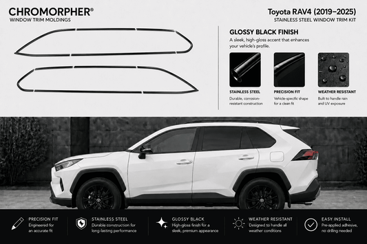 Chromorphor window trim moldings for Toyota RAV4 (2019-2025) in glossy black finish, shown with two black trim pieces on a light gray background and a white SUV below demonstrating fitment.