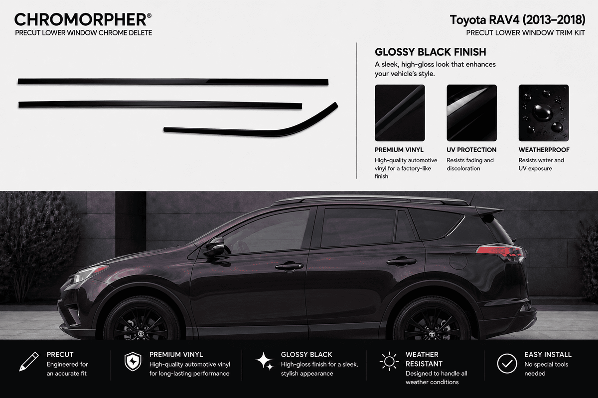Chromorphor Toyota RAV4 lower window chrome delete trim kit in glossy black finish, shown with line drawings of the cutout lines and a dark gray SUV on a black background with feature callouts.