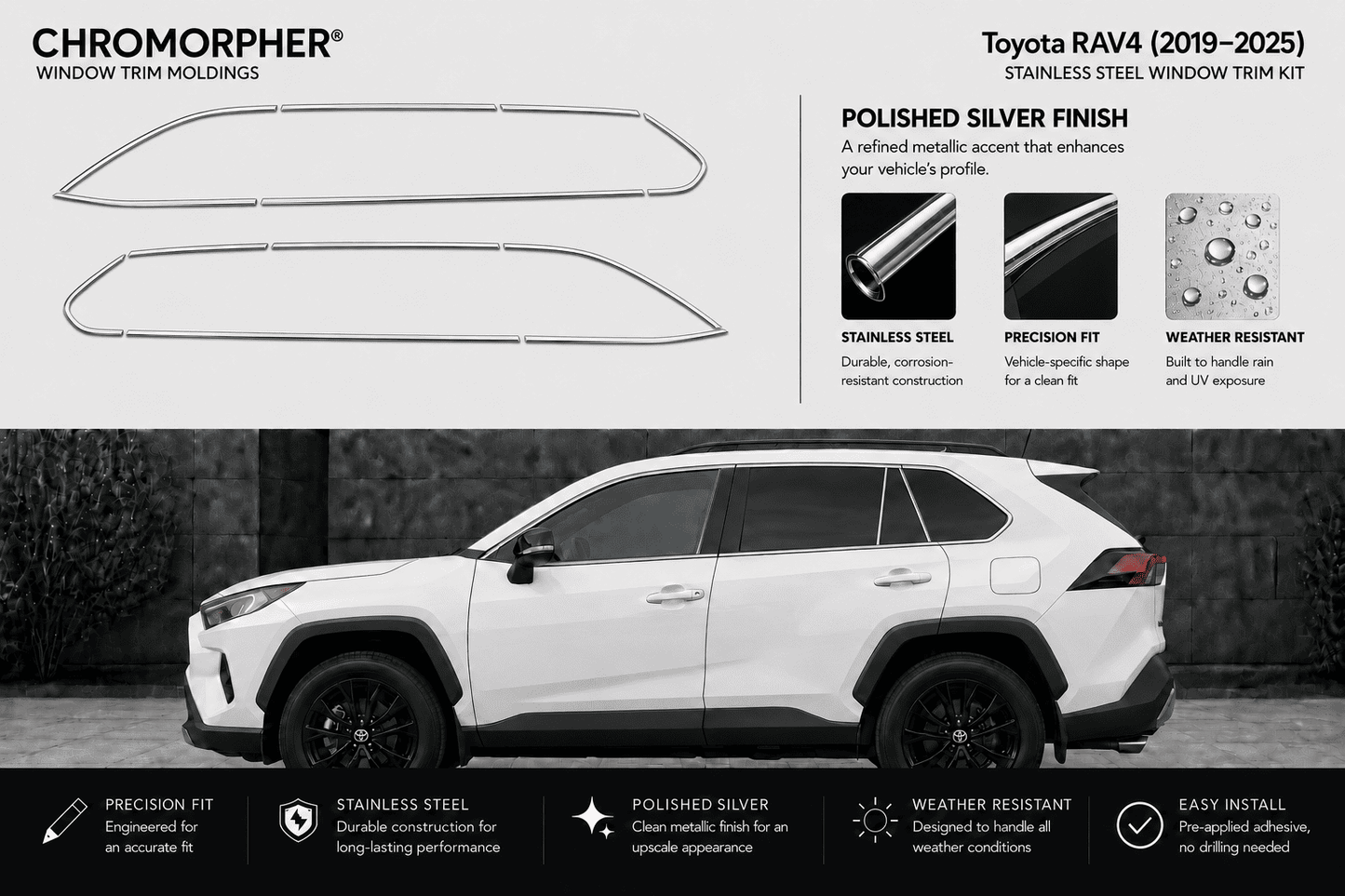 Chromorphor window trim moldings for Toyota RAV4 (2019-2025) in polished silver stainless steel. The image features two profile views of the trim pieces at the top, product features, and a black-and-white side view of a white Toyota RAV4 showing the trim installed.