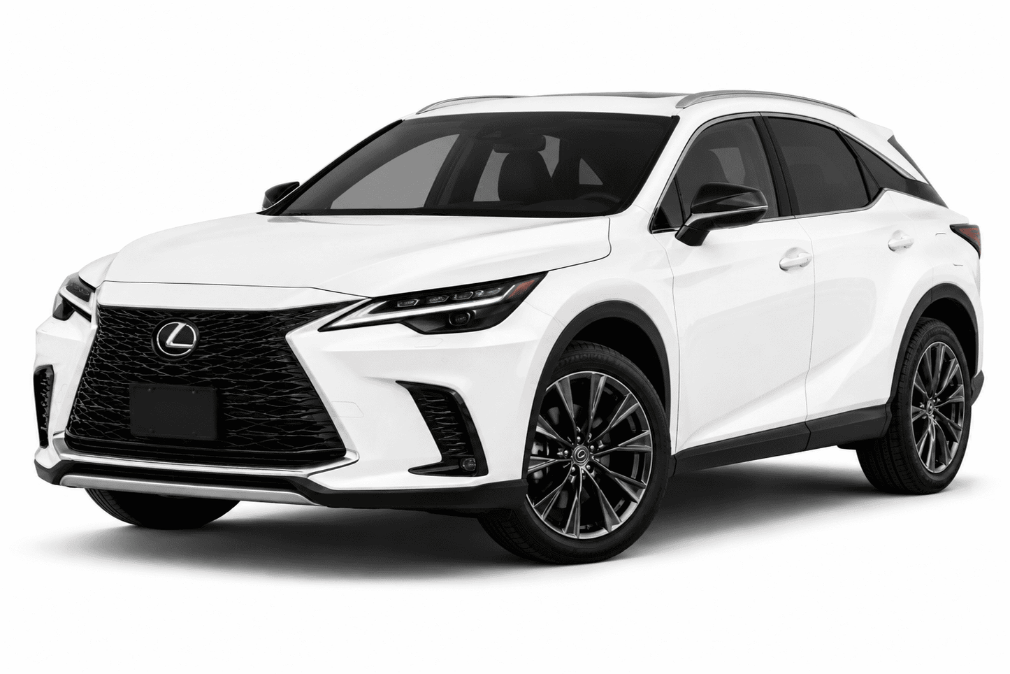 A white Lexus SUV photographed on a clean white studio background, shown at a three-quarter front angle. The vehicle has a large black spindle grille, sleek LED headlights, dark tinted windows, and black multi-spoke alloy wheels.