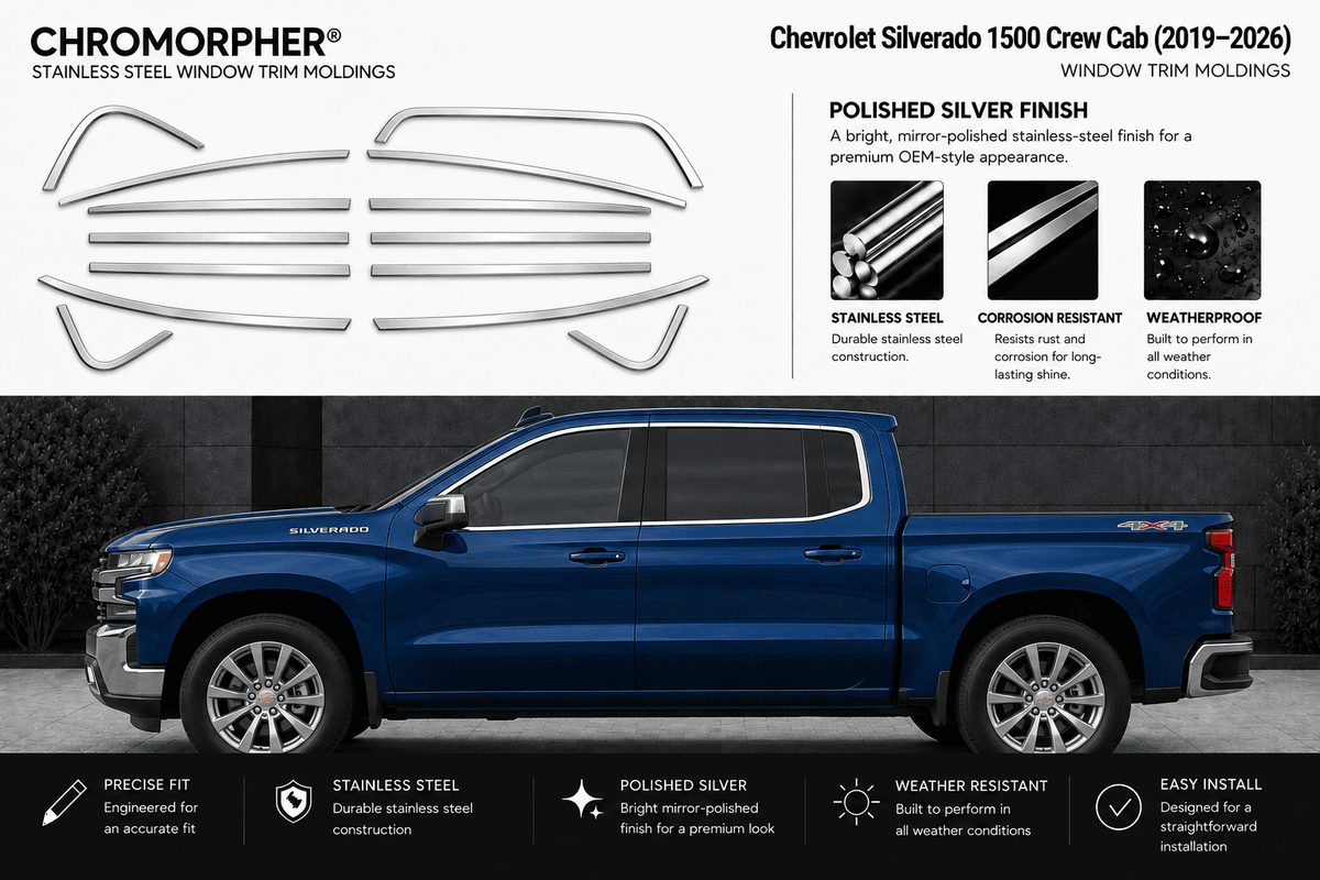 Chromorpher stainless steel window trim molds shown with a blue Chevrolet Silverado 1500 Crew Cab, featuring product cutout graphics, finish details, and feature callouts on a dark outdoor-style background.